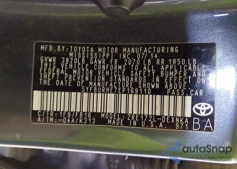 2014 Toyota Corolla Le из США, поврежденный, VIN 5YFBURHE7EP169110